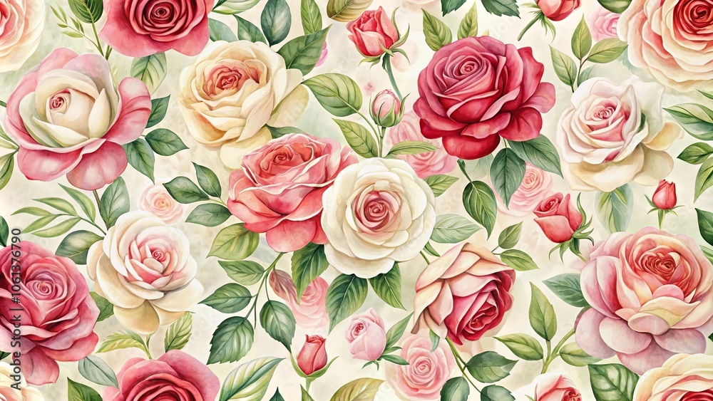 A Delicate Symphony of Soft Pink and Creamy White Roses in Full Bloom, Intertwined with Lush Green Foliage, Creates a Charming and Romantic Floral Tapestry A Delicate Symphony of Soft Pink and Creamy White Roses in Full Bloom, Intertwined with Lush Green Foliage, Creates a Charming and Romantic Floral Tapestry