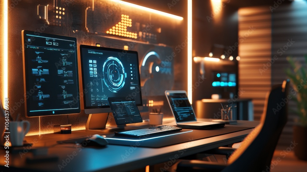 Futuristic Command Center: Advanced Technology in a Cozy Workspace Futuristic Command Center: Advanced Technology in a Cozy Workspace