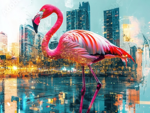 Flamingo silhouette, neonlit skyscrapers within, double exposure, urban elegance, vibrant city night