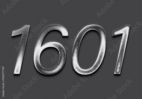 Chrome metal 3D number design of 1601 on grey background.