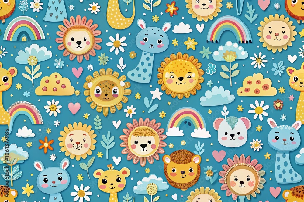 Cute Animal Seamless Pattern with Lion, Giraffe, Rainbow, Sun, and Cloud for Children's Fabric, Nursery Decor, Gift Wrap, and Kids Bedding Cute Animal Seamless Pattern with Lion, Giraffe, Rainbow, Sun, and Cloud for Children's Fabric, Nursery Decor, Gift Wrap, and Kids Bedding