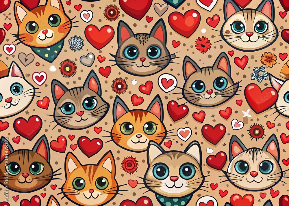 Cute Cartoon Cat Pattern with Red Hearts for Gift Wrap - Seamless Animal Illustration for Kids' Decor and Paper Products Cute Cartoon Cat Pattern with Red Hearts for Gift Wrap - Seamless Animal Illustration for Kids' Decor and Paper Products