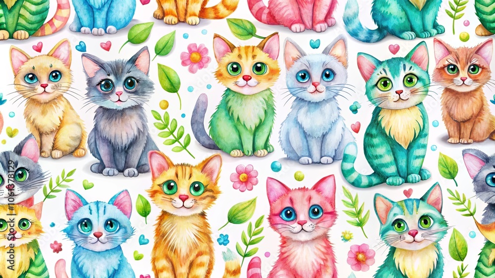Fototapeta premium A delightful, colorful watercolor pattern featuring playful kittens in a variety of poses and hues, adorned with whimsical floral elements and scattered hearts, evoking joy and charm.