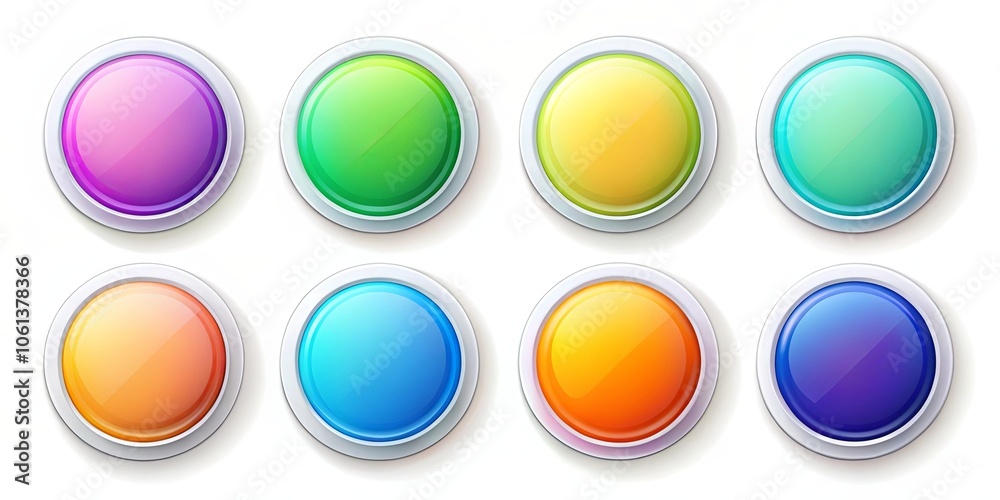 A set of glossy circular buttons with various shades of color, arranged in two rows of four, each button featuring a subtle white rim and a light shadow beneath A set of glossy circular buttons with various shades of color, arranged in two rows of four, each button featuring a subtle white rim and a light shadow beneath