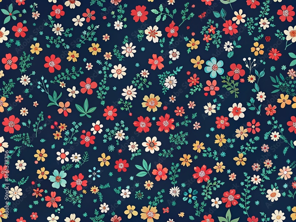 Cute Floral Ditsy Print Motifs on Dark Blue Background for Elegant Fashion Textiles - Minimalist Seamless Vector Pattern with Colorful Small Flowers