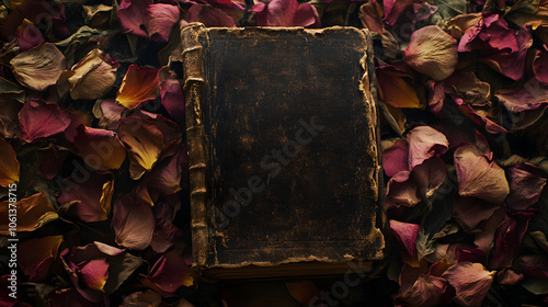 A dusty old book surrounded by withered petals. photo