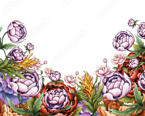 Illustration Colorful Floral Border Frame Background for Banner, Wedding Card, Card Template. Isolated on White Background