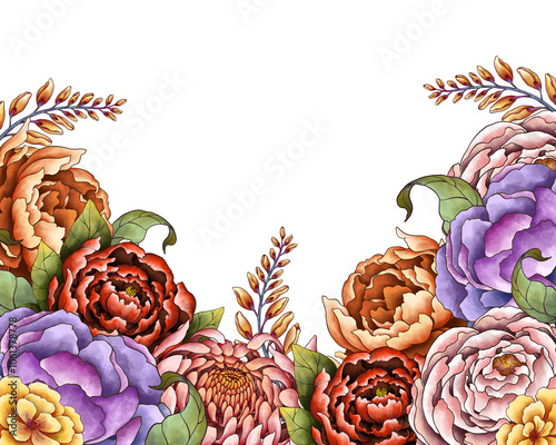 Illustration Colorful Floral Border Frame Background for Banner, Wedding Card, Card Template. Isolated on White Background
