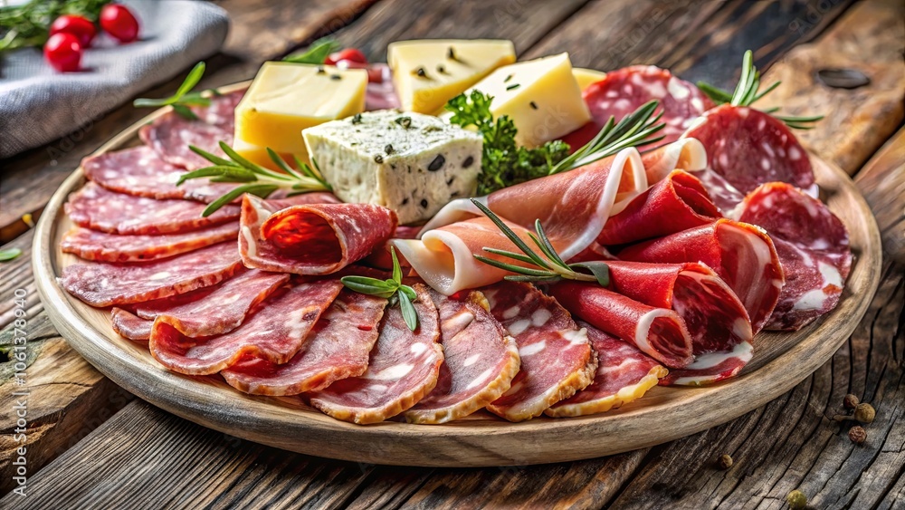 A rustic wooden platter adorned with a symphony of cured meats, including thinly sliced salamis, flavorful prosciutto, and delicate cheeses, a tempting arrangement for a culinary adventure. A rustic wooden platter adorned with a symphony of cured meats, including thinly sliced salamis, flavorful prosciutto, and delicate cheeses, a tempting arrangement for a culinary adventure.