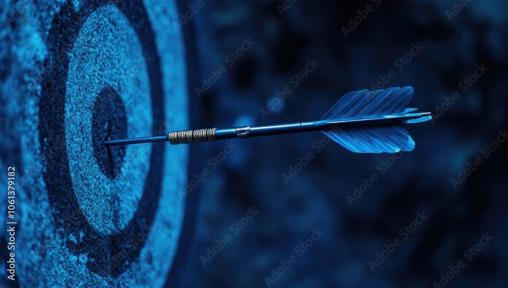 Dart Arrow Hitting Center of Target Against Dark Blue Background, Copy Space for Business Goal Achievement with Retro Filter Effect