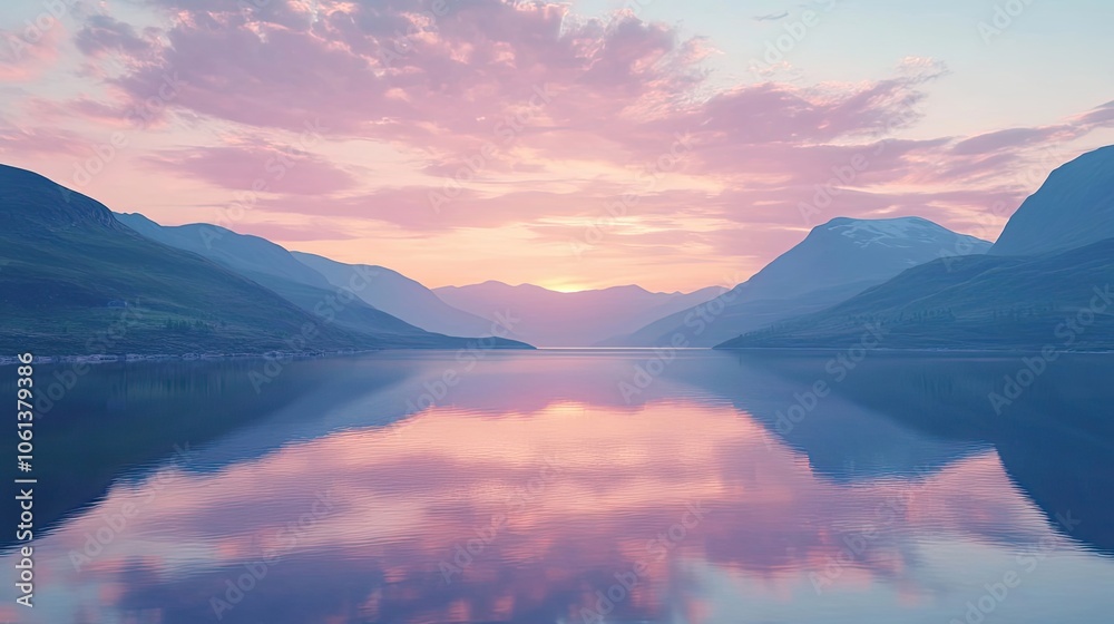Pink Sunset Reflected in Still Water Between Mountains Pink Sunset Reflected in Still Water Between Mountains