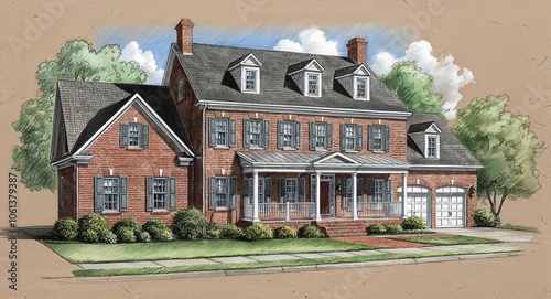 Brick colonial house hand drawing