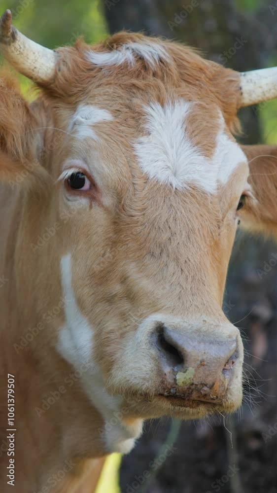 Vertical shot. A brown and white cow stands in a field with the sun shining through the trees behind it. Vertical shot. A brown and white cow stands in a field with the sun shining through the trees behind it.