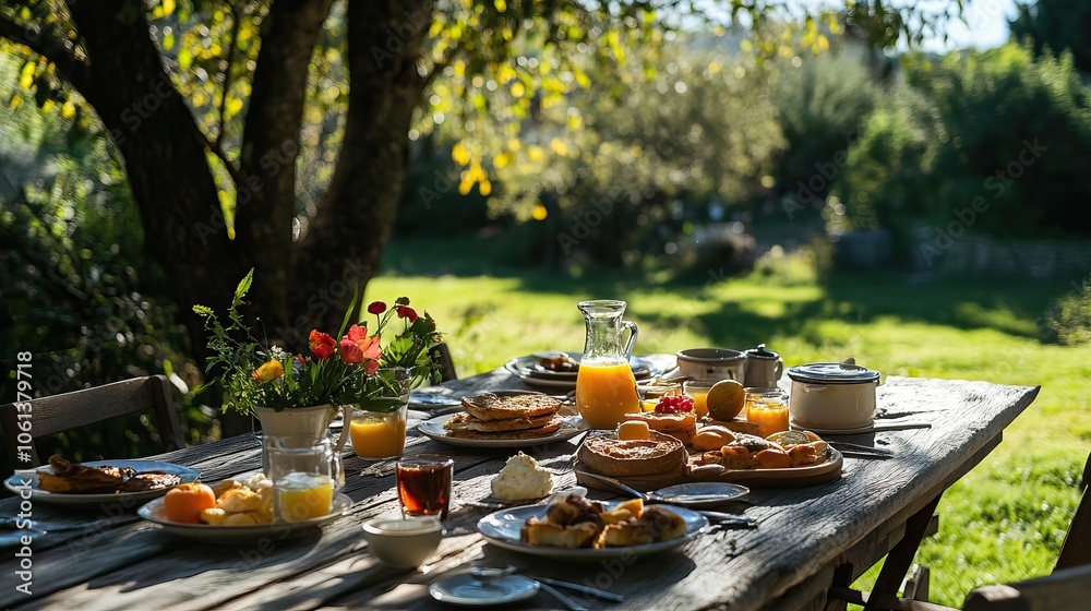Organic breakfast spread on a rustic table in the peaceful countryside setting , countryside, organic, breakfast, nature, tranquil. Organic breakfast spread on a rustic table in the peaceful countryside setting , countryside, organic, breakfast, nature, tranquil.