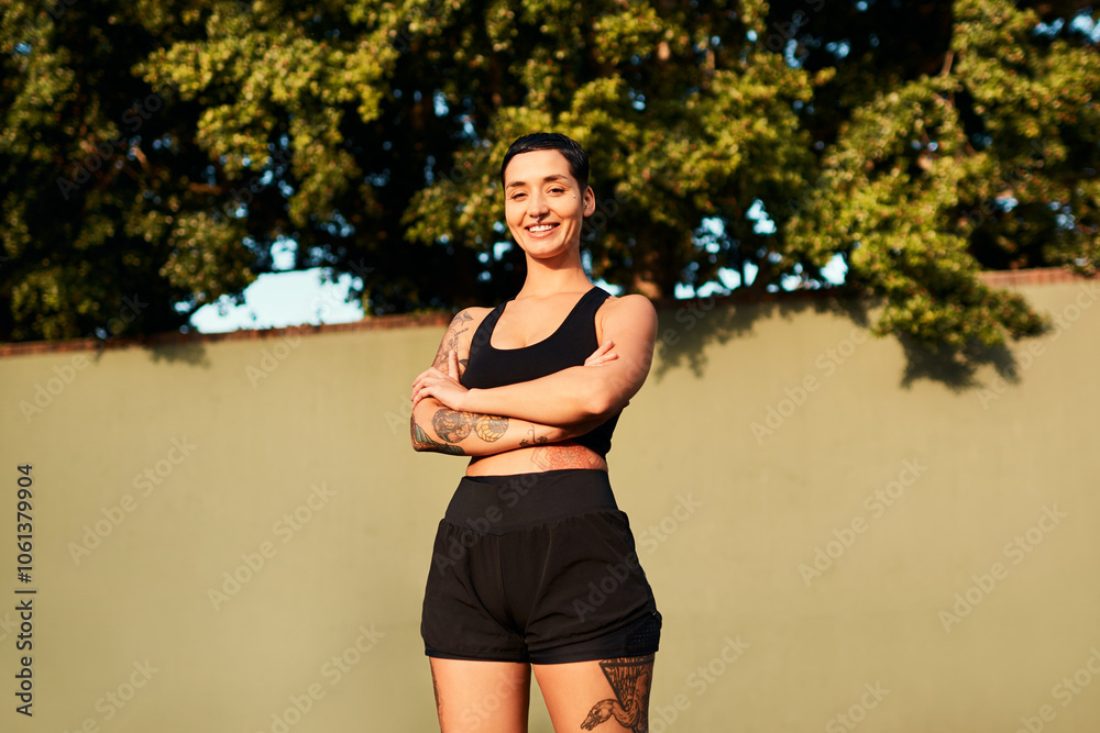 Obraz premium Sports, portrait or happy woman with arms crossed at court for match, fitness exercise and basketball. Smile, girl athlete and proud player with confidence for competition, workout or outdoor game