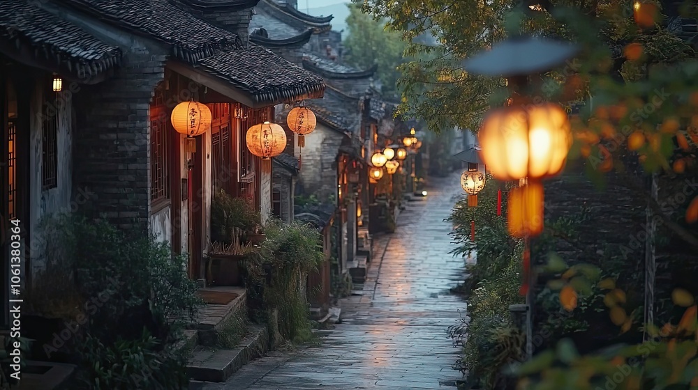 Obraz premium A dimly lit street in an ancient Chinese town with lanterns
