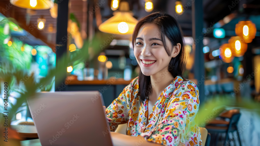 A beautiful smiling woman works on her laptop while sitting at a table. A beautiful smiling woman works on her laptop while sitting at a table.