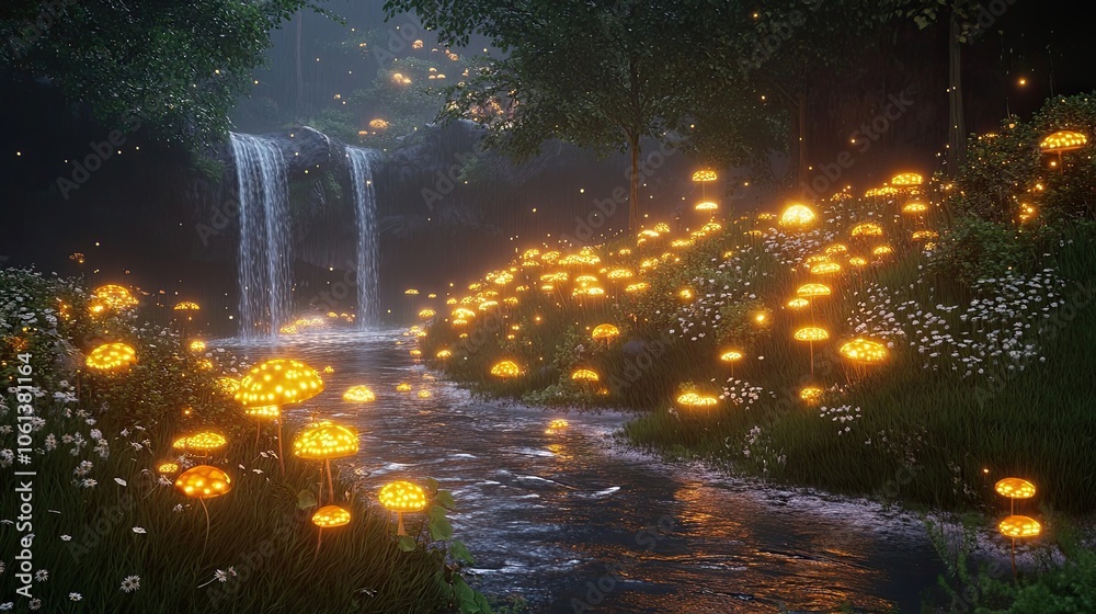 Glowing Mushroom Lights In A Magical Forest Setting Glowing Mushroom Lights In A Magical Forest Setting