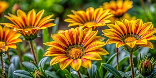 Stunning Gazania Flowers in Bloom: Captivating Yellow Petals and Lush Green Leaves - Nature's Beauty Revealed through Vibrant Documentary Photography