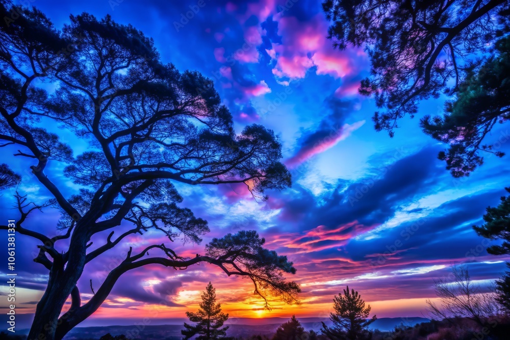 Stunning Low Light Photography of a Beautiful Blue Sunset with Tree Silhouettes and Overcast Skies, Capturing Nature's Tranquility and Serenity at Dusk Stunning Low Light Photography of a Beautiful Blue Sunset with Tree Silhouettes and Overcast Skies, Capturing Nature's Tranquility and Serenity at Dusk