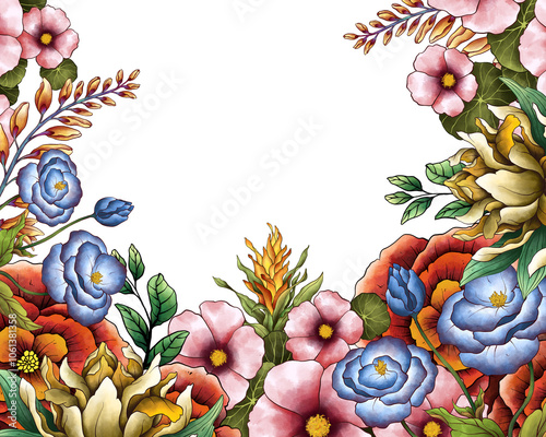 Illustration Colorful Floral Border Frame Background for Banner, Wedding Card, Card Template. Isolated on White Background