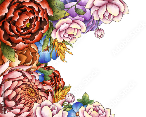 Illustration Colorful Floral Border Frame Background for Banner, Wedding Card, Card Template. Isolated on White Background