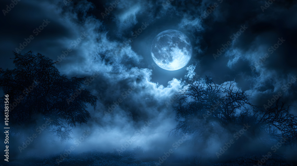 Full moon illuminating a dark, cloudy night sky with dense blue fog. Halloween background , nighttime ambiance, lunar light concept, gothic aesthetic, eerie atmosphere. Full moon illuminating a dark, cloudy night sky with dense blue fog. Halloween background , nighttime ambiance, lunar light concept, gothic aesthetic, eerie atmosphere.
