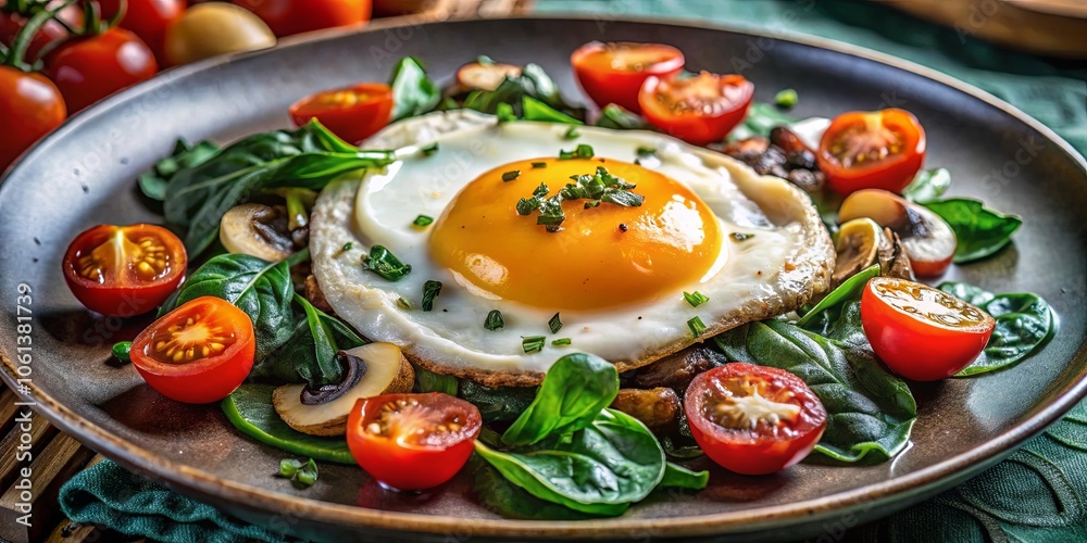 A single fried egg with a vibrant yolk, surrounded by fresh spinach, cherry tomatoes, and sauteed mushrooms, all arranged on a rustic brown plate. A single fried egg with a vibrant yolk, surrounded by fresh spinach, cherry tomatoes, and sauteed mushrooms, all arranged on a rustic brown plate.
