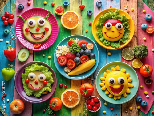 Delightful Food Photography Featuring Happy Comic Round Faces with Colorful Dishes, Whimsical Presentation, and Playful Settings for Fun and Engaging Culinary Images