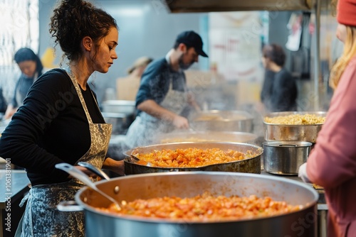 Volunteers cooking large meals in soup kitchen