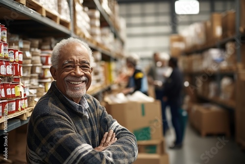 Smiling senior man volunteering at food bank, arms crossed