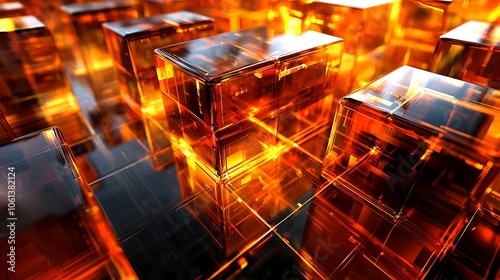 Fototapeta Naklejka Na Ścianę i Meble -  An image showcasing an intricate 3D abstract geometric structure with metallic finishes, showcasing a variety of angles and reflective surfaces that create a visually stunning and dynamic composition.