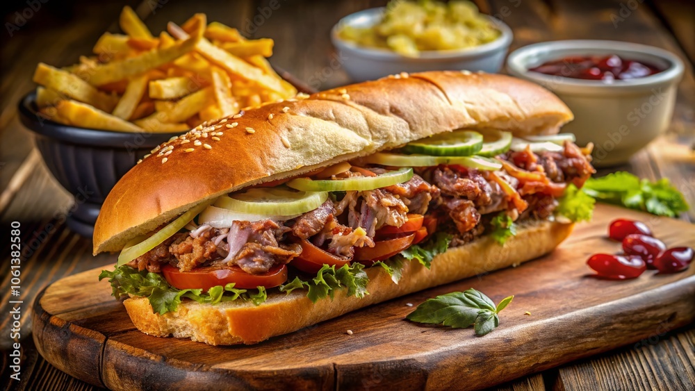 Double Exposure Delight: Pulled Pork Submarine Sandwich with Coleslaw and Fries – A Culinary Masterpiece of Flavor and Texture Double Exposure Delight: Pulled Pork Submarine Sandwich with Coleslaw and Fries – A Culinary Masterpiece of Flavor and Texture