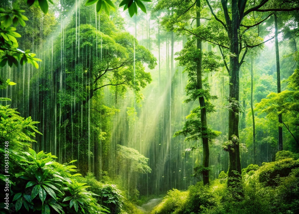 Obraz premium Double Exposure of Gentle Rain on Lush Green Forest, Nature's Tranquility, Peaceful Weather, Serene Landscape, Environmental Beauty, Rainy Days, Refreshing Atmosphere