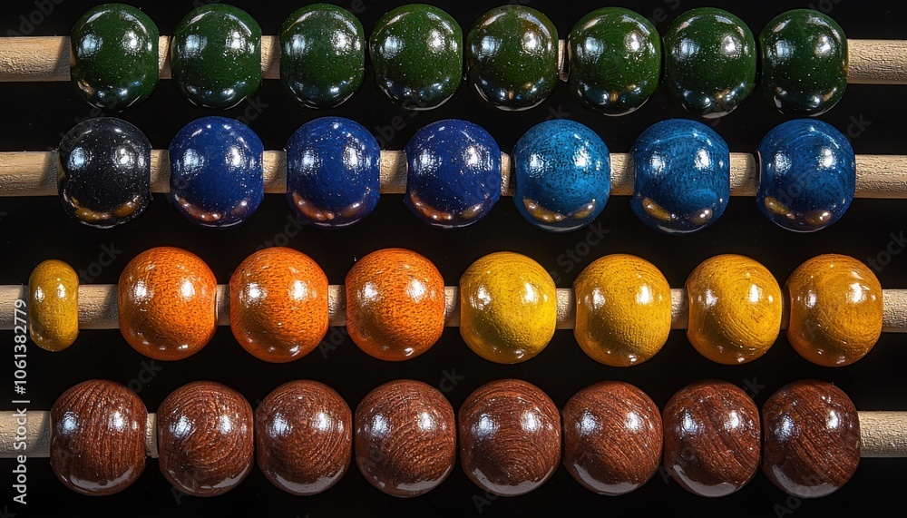 A colorful arrangement of wooden beads on rods, showcasing various hues for educational or decorative purposes. A colorful arrangement of wooden beads on rods, showcasing various hues for educational or decorative purposes.