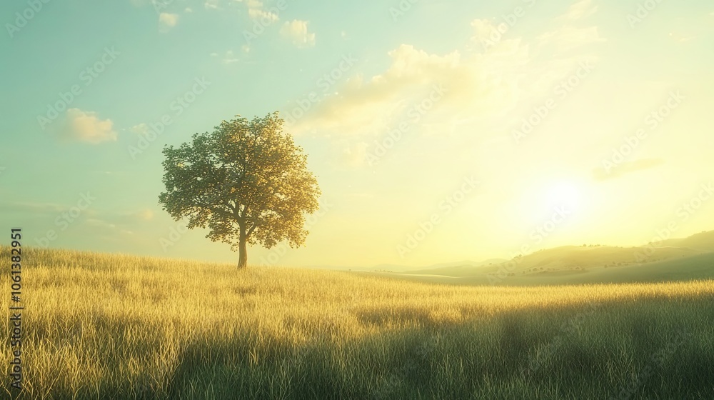 Obraz premium A Lone Tree in a Field at Sunset