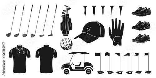 golf set design, simple solid style, editable vector eps 10.