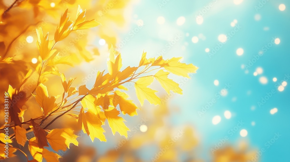Autumn background with maple leaves and bokeh,Fall blurred background, Yellow and red maple leaves are flying and falling down. Autumnal landscape.water drop on leaf,space for text.
