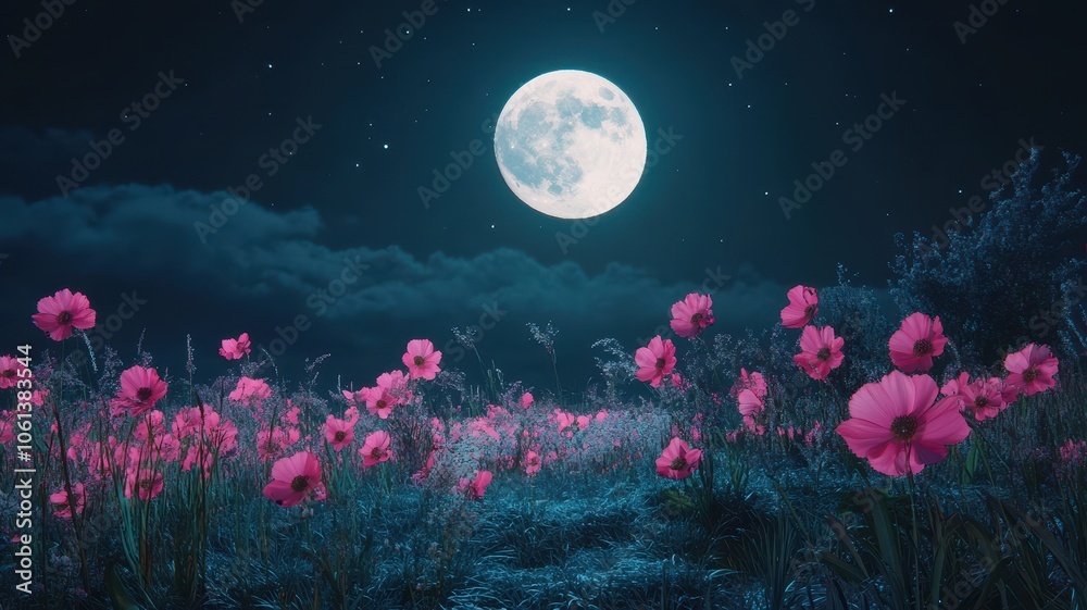 Full moon and Pink Cosmos flower blooming in midnight,The harvest Miscanthus sinensis and full moon,beautiful night sky in the countryside with the perfect moon exudes beauty in the dark. Full moon and Pink Cosmos flower blooming in midnight,The harvest Miscanthus sinensis and full moon,beautiful night sky in the countryside with the perfect moon exudes beauty in the dark.