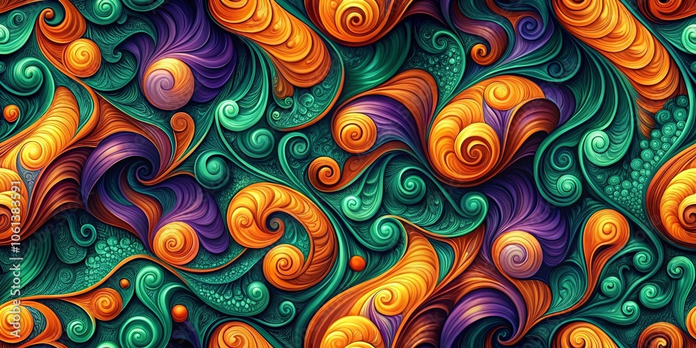 Abstract Whimsical Pattern of Intertwining Spirals in Vibrant Hues of Orange, Green, and Purple Abstract Whimsical Pattern of Intertwining Spirals in Vibrant Hues of Orange, Green, and Purple
