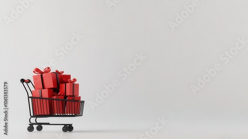 Red Paper boxes parcel in a trolley,concept shopping online,service home delivery,black friday,christmas holiday gift,Shopping cart supermarket with boxes,Sales of products,goods through onlinet. photo