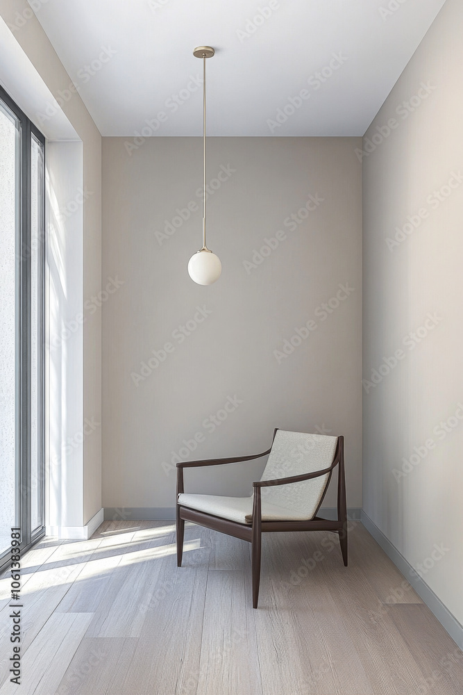 Fototapeta premium A minimalist corner with a wooden chair and modern pendant light in a bright room