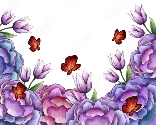 Illustration Colorful Floral Border Frame Background for Banner, Wedding Card, Card Template. Isolated on White Background