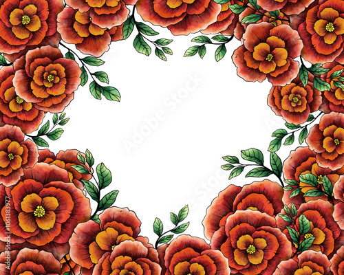 Illustration Colorful Floral Border Frame Background for Banner, Wedding Card, Card Template. Isolated on White Background