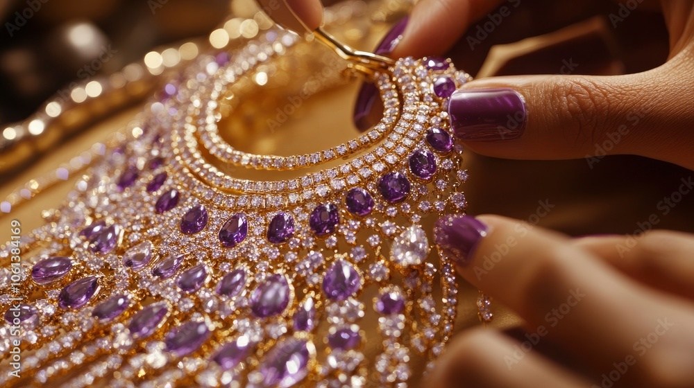 Close-up of a woman's hand holding a delicate gold necklace with amethyst gemstones. Close-up of a woman's hand holding a delicate gold necklace with amethyst gemstones.