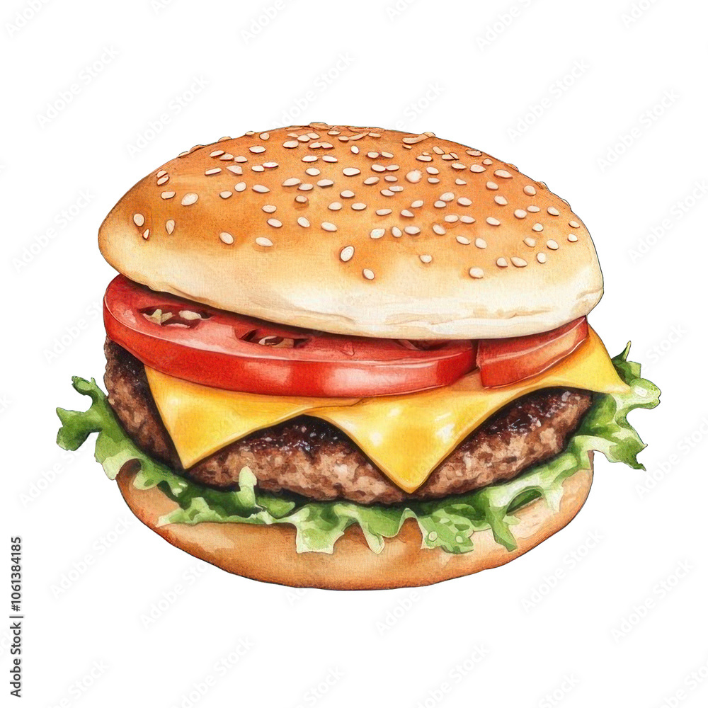 Collection of PNG. Watercolor painting of A Double Cheese Hamburger, isolated on a transparency background. Collection of PNG. Watercolor painting of A Double Cheese Hamburger, isolated on a transparency background.
