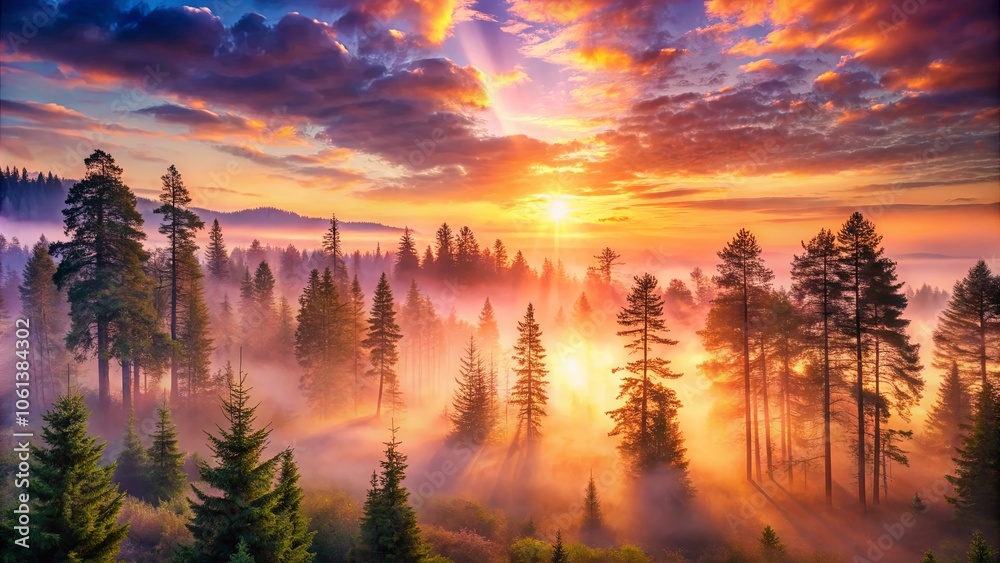 Golden Light Illuminates a Misty Forest, Casting Long Shadows and Painting the Sky with Warm Hues Golden Light Illuminates a Misty Forest, Casting Long Shadows and Painting the Sky with Warm Hues