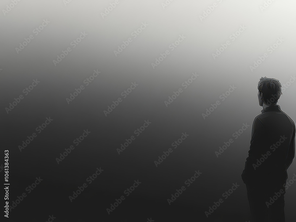 Solitary figure stands against smooth gray gradient background, evoking sense of introspection and calm. minimalist design enhances emotional depth of scene Solitary figure stands against smooth gray gradient background, evoking sense of introspection and calm. minimalist design enhances emotional depth of scene