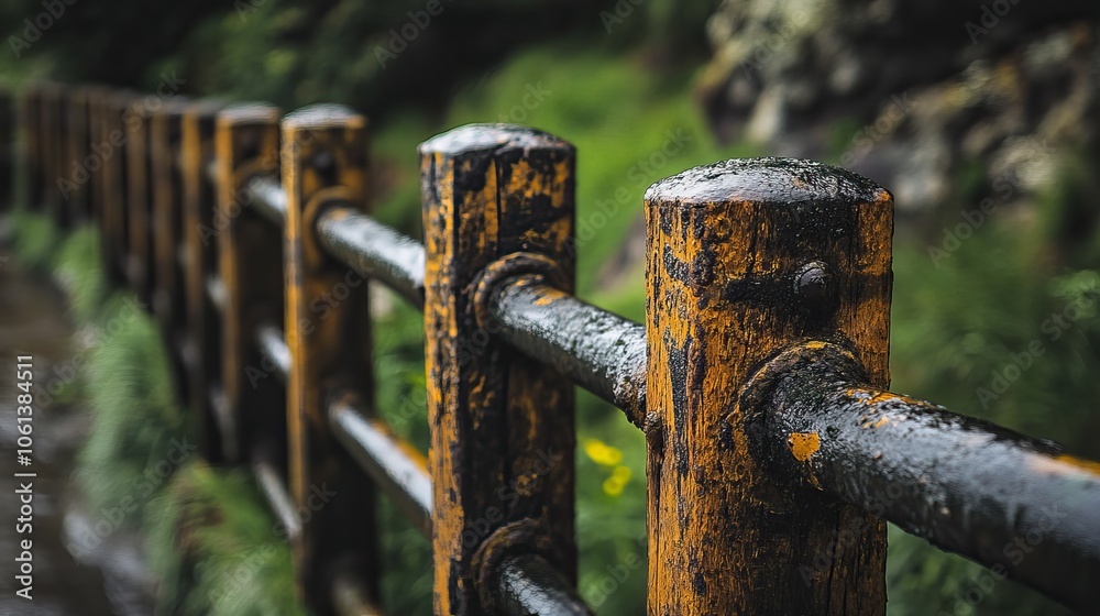 Metal Rail Fence with Wooden Posts in a Rural Setting . Metal Rail Fence with Wooden Posts in a Rural Setting .