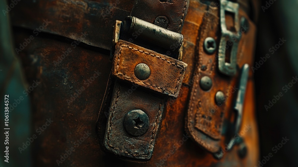 Close-up of a worn leather strap with metal rivets and buckles. Close-up of a worn leather strap with metal rivets and buckles.